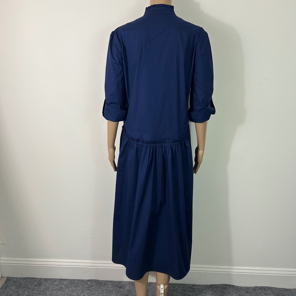 Taylor Tillman Navy Blue Cotton Poplin Ruffle Drop Waist Midi Shirt Dress Small - Picture 2 of 13